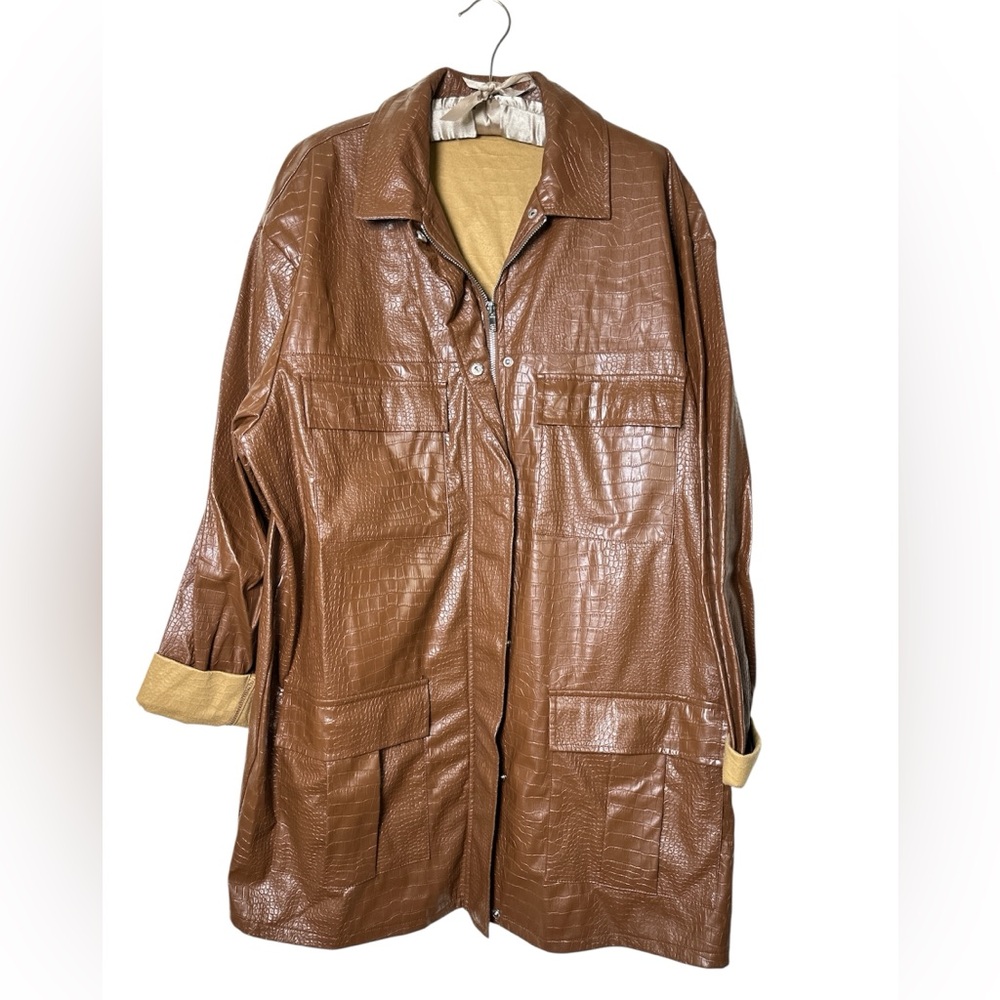 PrettyLittleThing Teyana Taylor Brown Croc PU Oversized Utility Jacket Plus Size